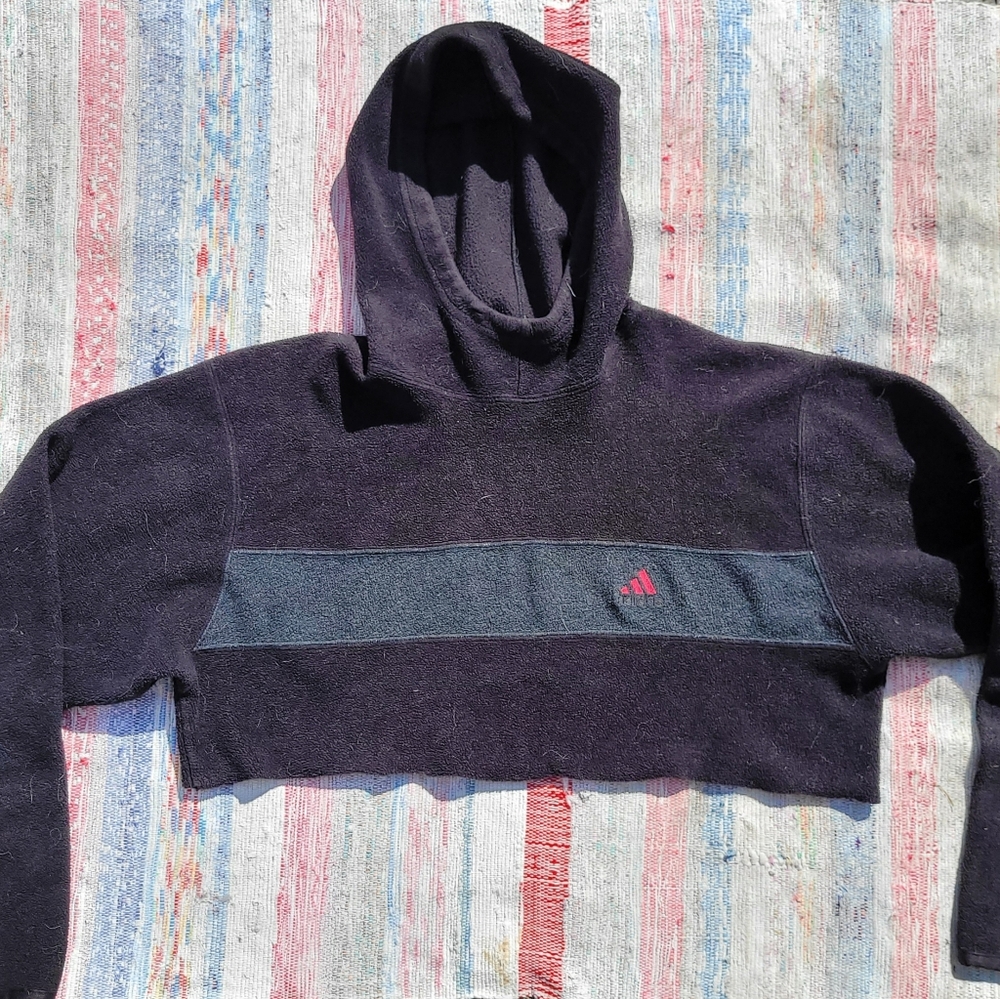 Adidas Women's Black and Gray Cropped Fleece Hoodie